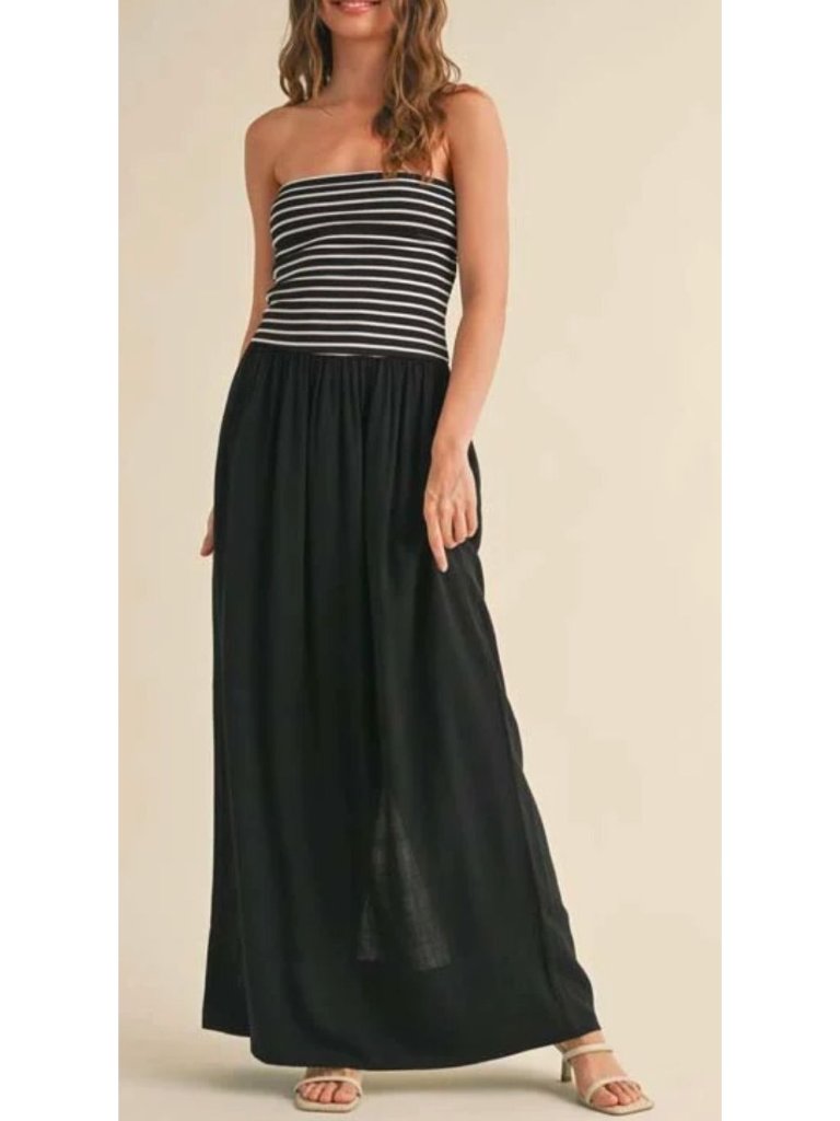 Miou Muse Ribbed Convertible Combo Strapless Linen Dress Stripe Medium
